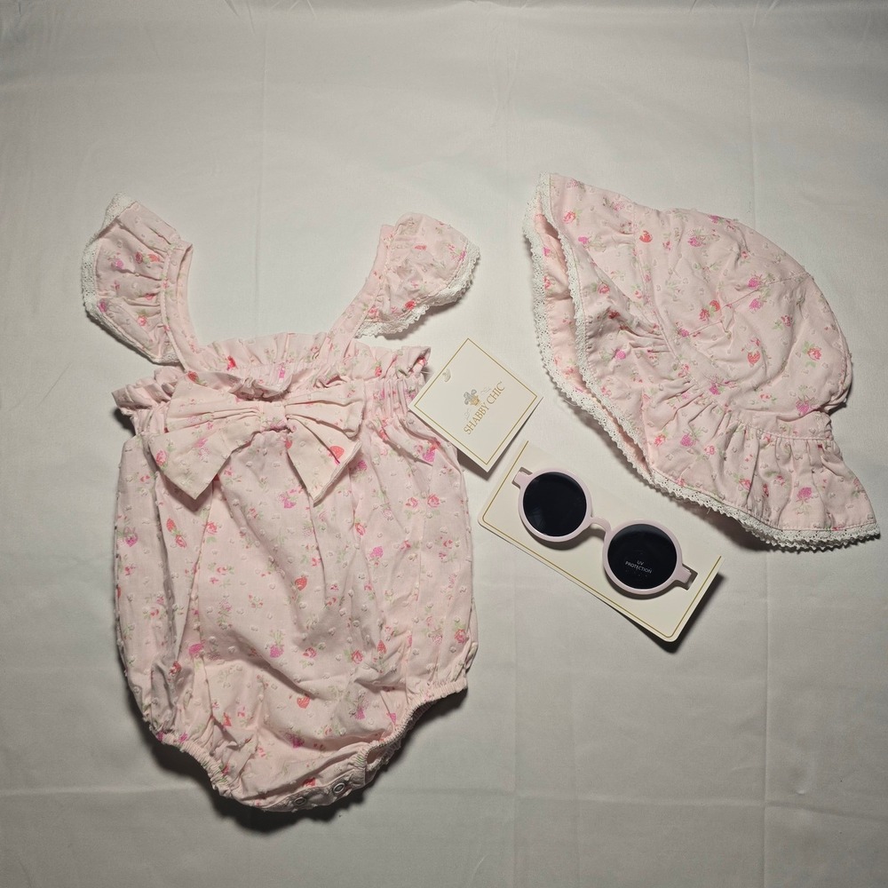 Shabby Chic Baby Girl 6-9m Pink Floral Strawberry Romper Hat Sunglasses Set NWT